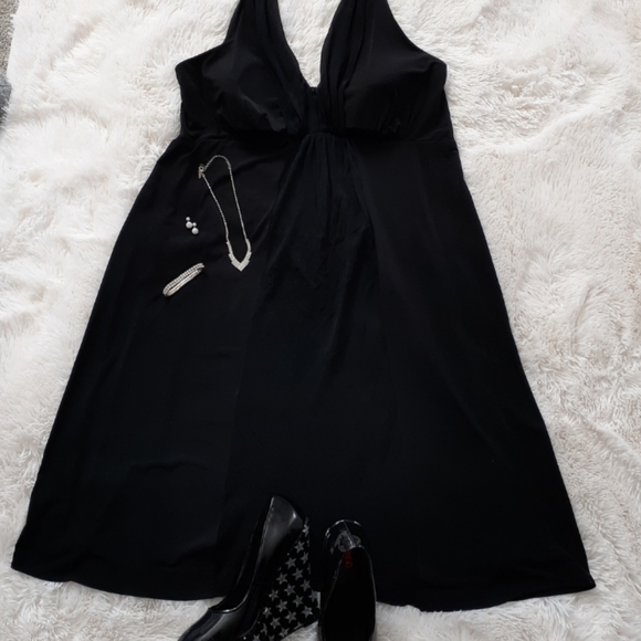 Donna Ricco 1X Black Halter Dress w/ Sheer Column - Picture 2 of 5